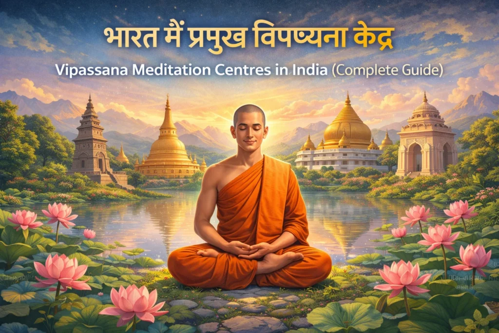 भारत में प्रमुख विपश्यना केंद्र का चित्र – Vipassana Meditation, ध्यान और बौद्ध साधना को दर्शाता हुआ शांत वातावरण