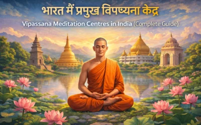 भारत में प्रमुख विपश्यना केंद्र का चित्र – Vipassana Meditation, ध्यान और बौद्ध साधना को दर्शाता हुआ शांत वातावरण