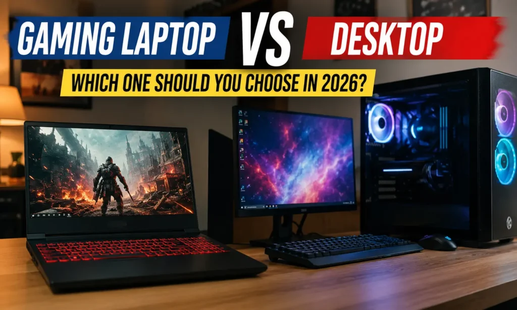 Gaming laptop and gaming desktop side by side in RGB-lit gaming room, showing modern gaming setups with keyboards, mouse, and monitors, highlighting the comparison between laptop and desktop performance.