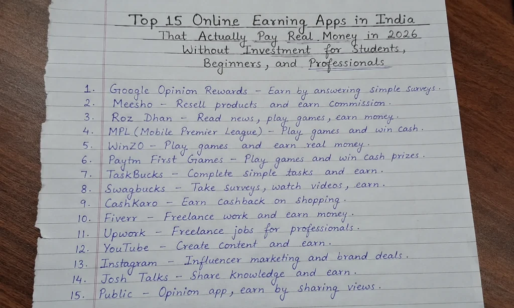 Top 15 online earning apps in India that actually pay real money without investment including freelancing, cashback, and survey apps
