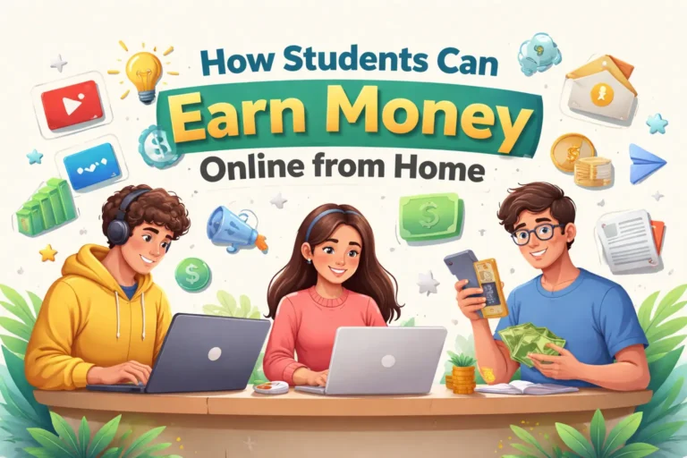 Students working on laptops with online earning icons representing ways to earn money from home