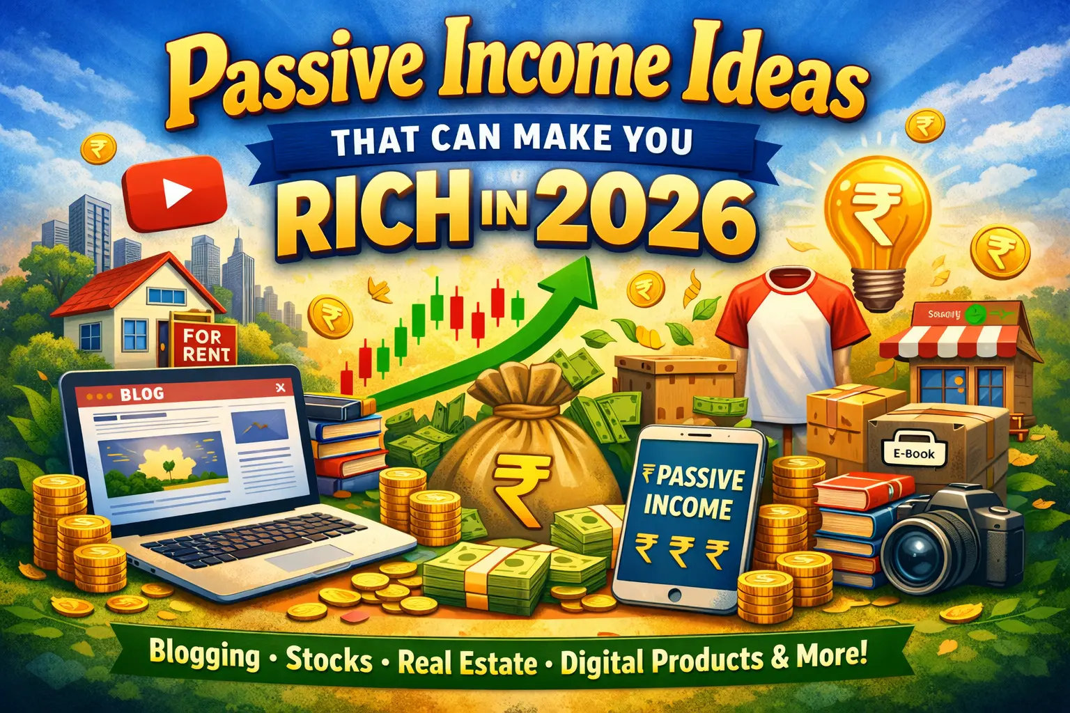 Best passive income ideas in 2026 including blogging, affiliate marketing, stocks, real estate and digital products to make money online