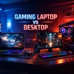 Gaming laptop and gaming desktop side by side in RGB-lit gaming room, showing modern gaming setups with keyboards, mouse, and monitors, highlighting the comparison between laptop and desktop performance.