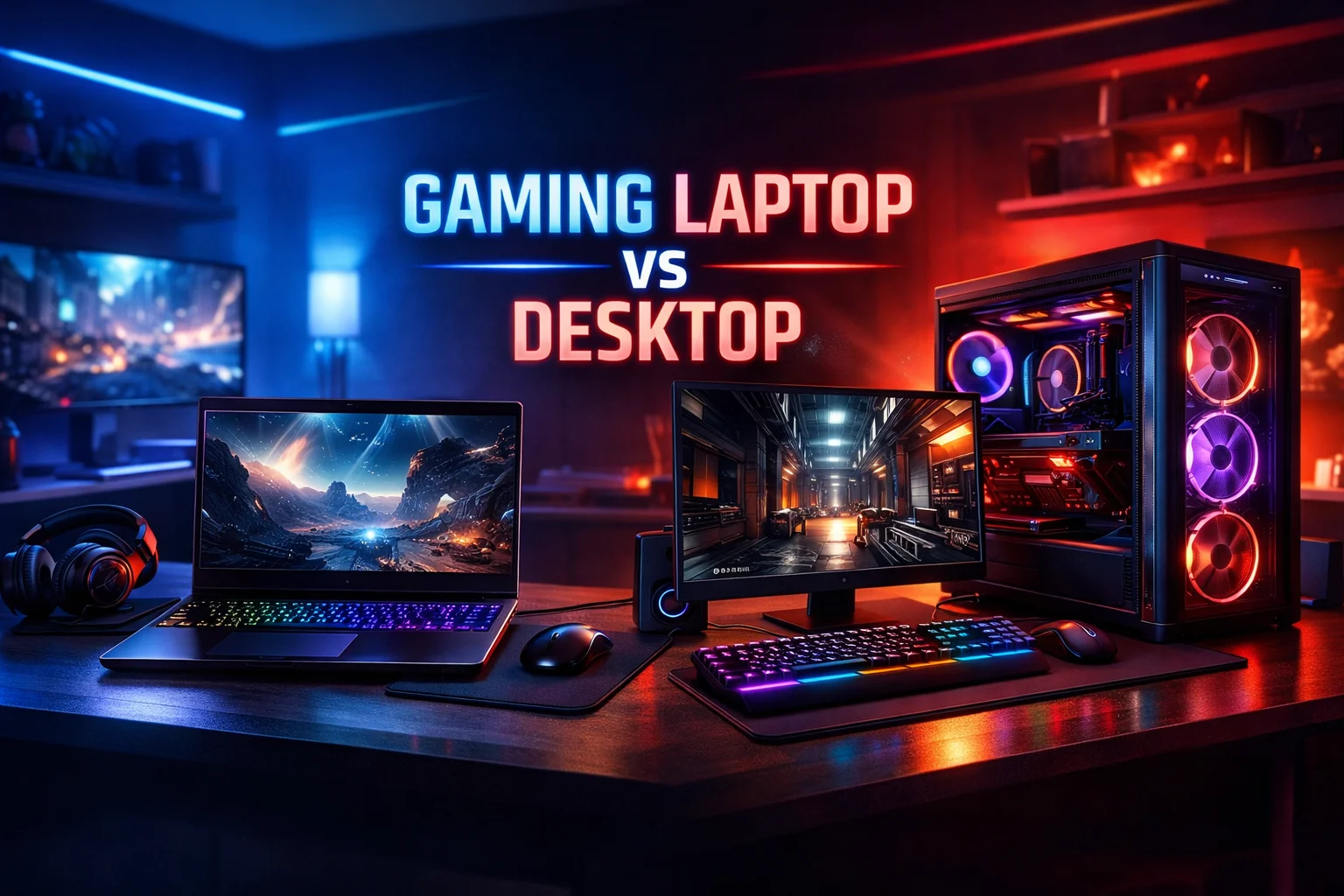 Gaming laptop and gaming desktop side by side in RGB-lit gaming room, showing modern gaming setups with keyboards, mouse, and monitors, highlighting the comparison between laptop and desktop performance.