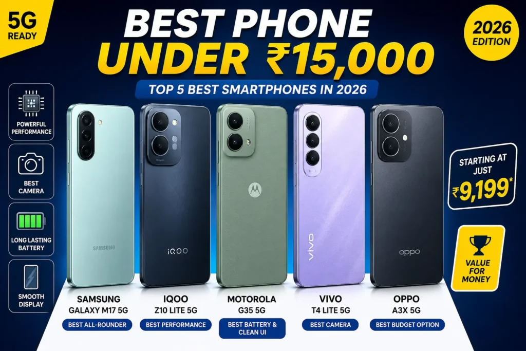 Best phone under 15000 in India 2026 including Samsung Galaxy M17 5G, iQOO Z10 Lite, Vivo T4 Lite and Motorola G35 comparison