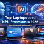 Top laptops with NPU processors in 2026 showing AI powered laptops with Intel Core Ultra, AMD Ryzen AI, Snapdragon X Elite and Microsoft Copilot+