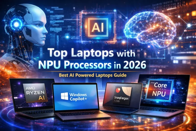 Top laptops with NPU processors in 2026 showing AI powered laptops with Intel Core Ultra, AMD Ryzen AI, Snapdragon X Elite and Microsoft Copilot+