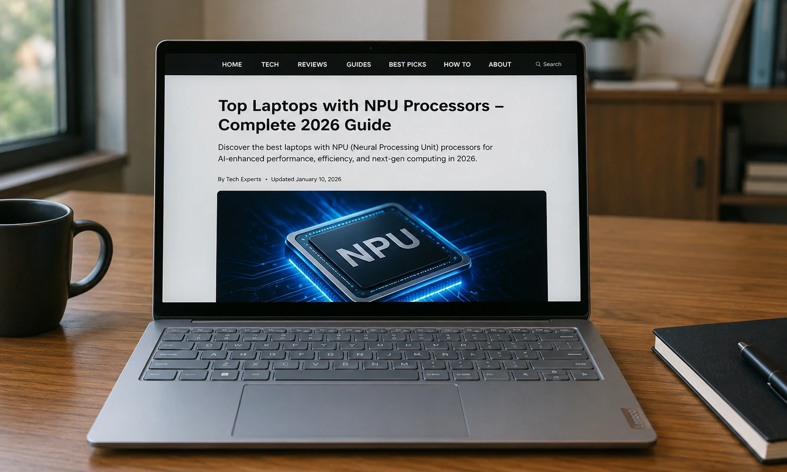 Top laptops with NPU processors in 2026 showing AI powered laptops with Intel Core Ultra, AMD Ryzen AI, Snapdragon X Elite and Microsoft Copilot+