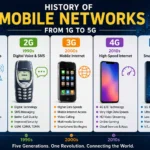 Evolution of mobile networks from 1G analog phones to modern 5G wireless technology