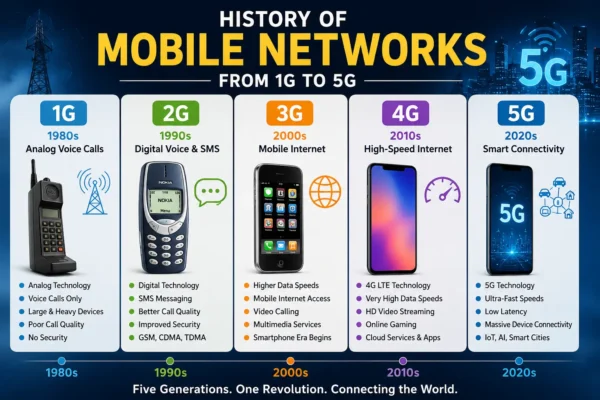 Evolution of mobile networks from 1G analog phones to modern 5G wireless technology