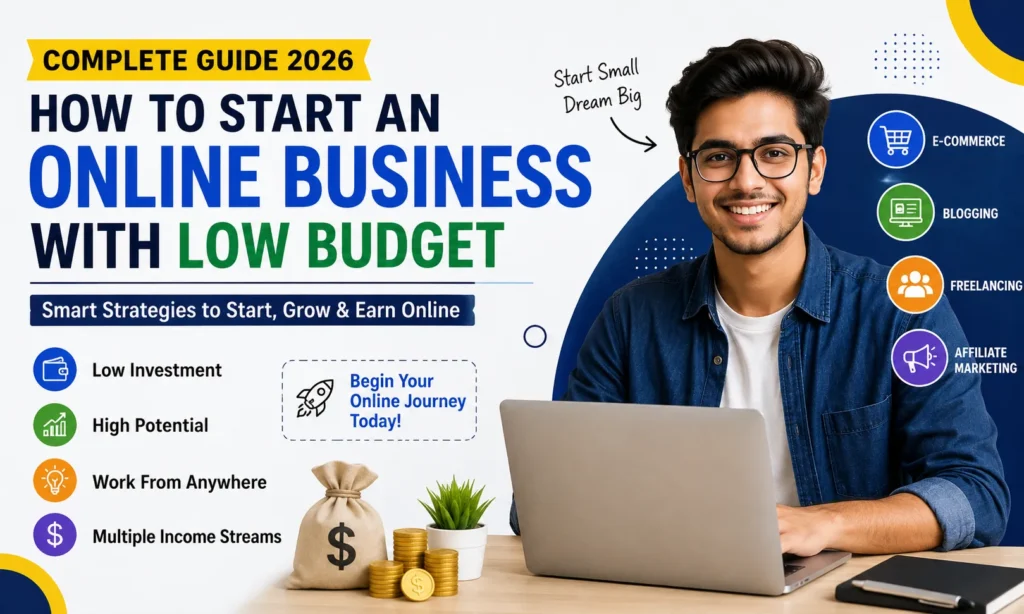 A beginner guide showing how to start an online business with a low budget in 2026 using smart strategies and online earning methods