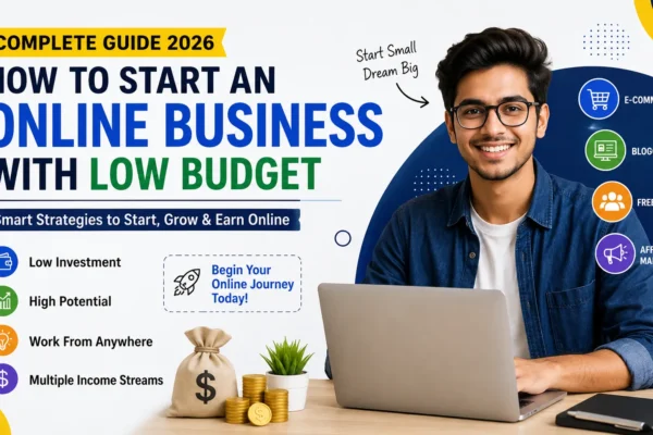 A beginner guide showing how to start an online business with a low budget in 2026 using smart strategies and online earning methods