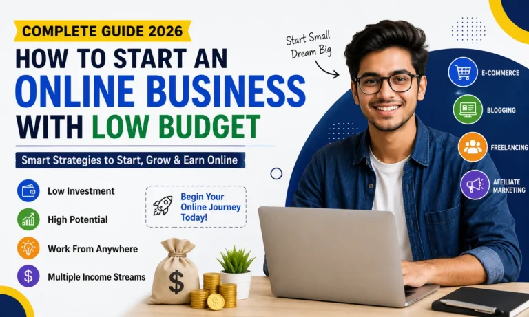 A beginner guide showing how to start an online business with a low budget in 2026 using smart strategies and online earning methods