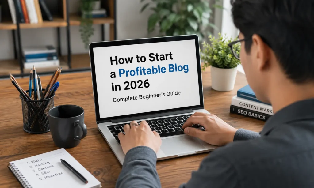 Step-by-step guide on how to start a profitable blog in 2026 with blogging tips, SEO, traffic, and monetization strategies