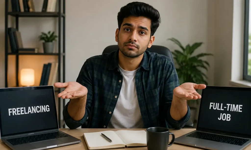 Freelancing vs Full-Time Job comparison showing income, flexibility, stability, and career growth in 2026
