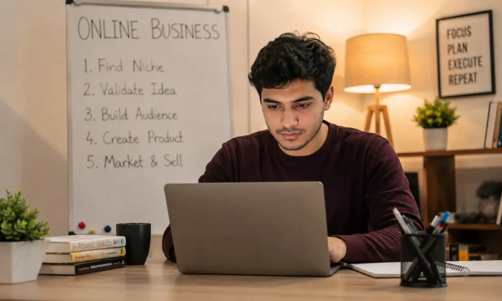 A beginner guide showing how to start an online business with a low budget in 2026 using smart strategies and online earning methods