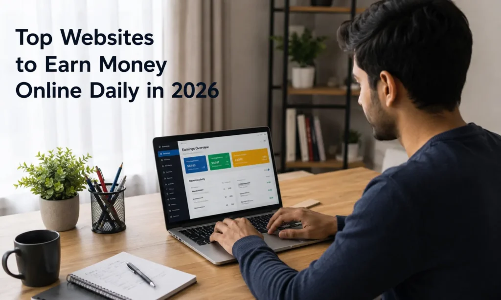 A modern digital poster showing online earning opportunities in 2026, including freelancing, passive income, affiliate marketing, and AI-driven work from home growth trends.