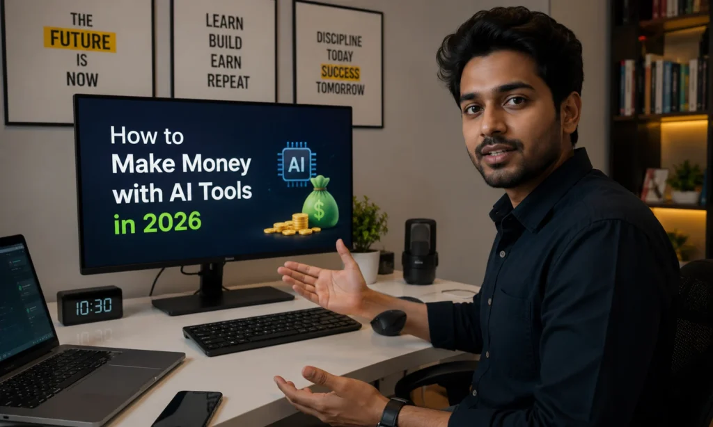 Futuristic AI robot working on laptop with money growth charts and AI tools icons showing how to make money with AI tools in 2026
