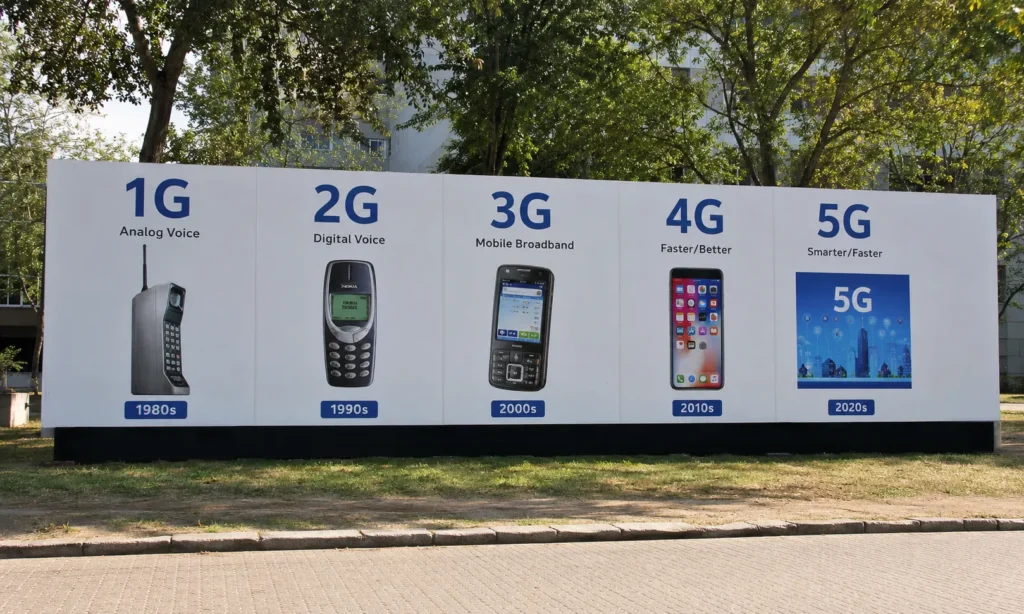 Evolution of mobile networks from 1G analog phones to modern 5G wireless technology