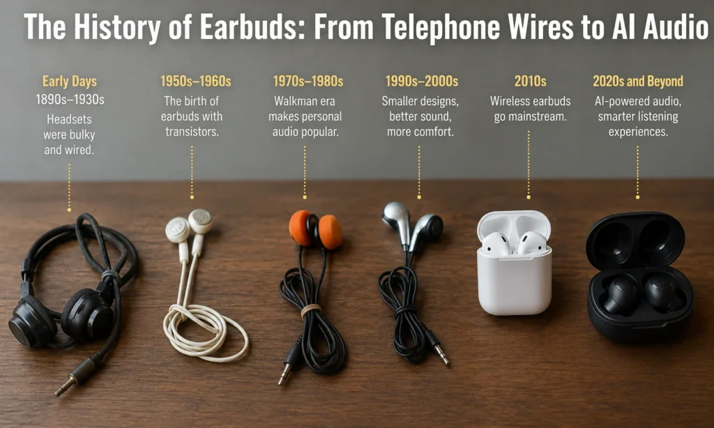 A timeline showing the evolution of earbuds from vintage telephone earpieces to modern AI-powered wireless earbuds.