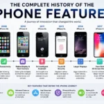 Timeline infographic showing the complete history and evolution of iPhone models and features from 2007 to 2023.