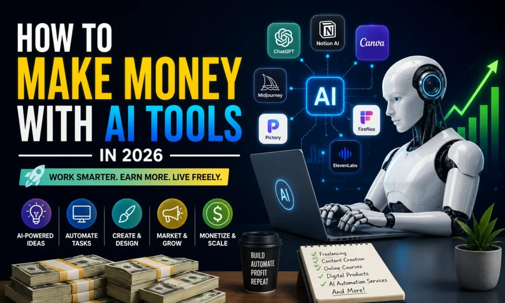 Futuristic AI robot working on laptop with money growth charts and AI tools icons showing how to make money with AI tools in 2026