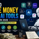 Futuristic AI robot working on laptop with money growth charts and AI tools icons showing how to make money with AI tools in 2026