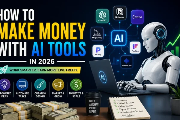Futuristic AI robot working on laptop with money growth charts and AI tools icons showing how to make money with AI tools in 2026
