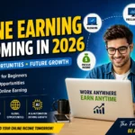 A modern digital poster showing online earning opportunities in 2026, including freelancing, passive income, affiliate marketing, and AI-driven work from home growth trends.