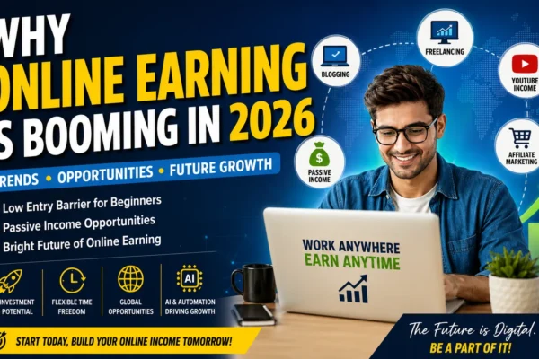 A modern digital poster showing online earning opportunities in 2026, including freelancing, passive income, affiliate marketing, and AI-driven work from home growth trends.