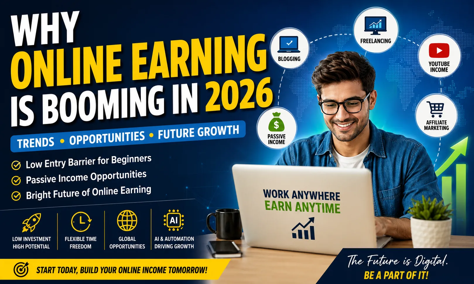 A modern digital poster showing online earning opportunities in 2026, including freelancing, passive income, affiliate marketing, and AI-driven work from home growth trends.