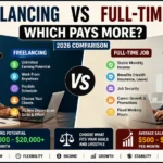 Freelancing vs Full-Time Job comparison showing income, flexibility, stability, and career growth in 2026