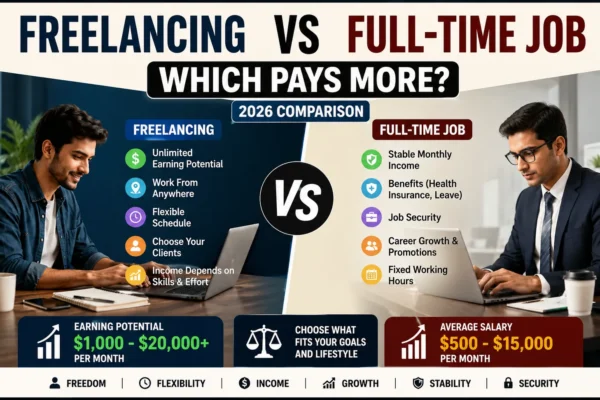 Freelancing vs Full-Time Job comparison showing income, flexibility, stability, and career growth in 2026