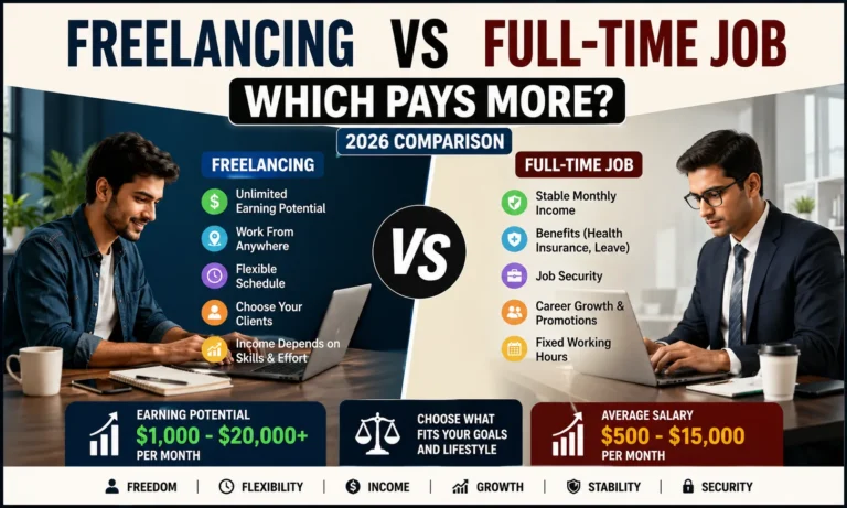 Freelancing vs Full-Time Job comparison showing income, flexibility, stability, and career growth in 2026