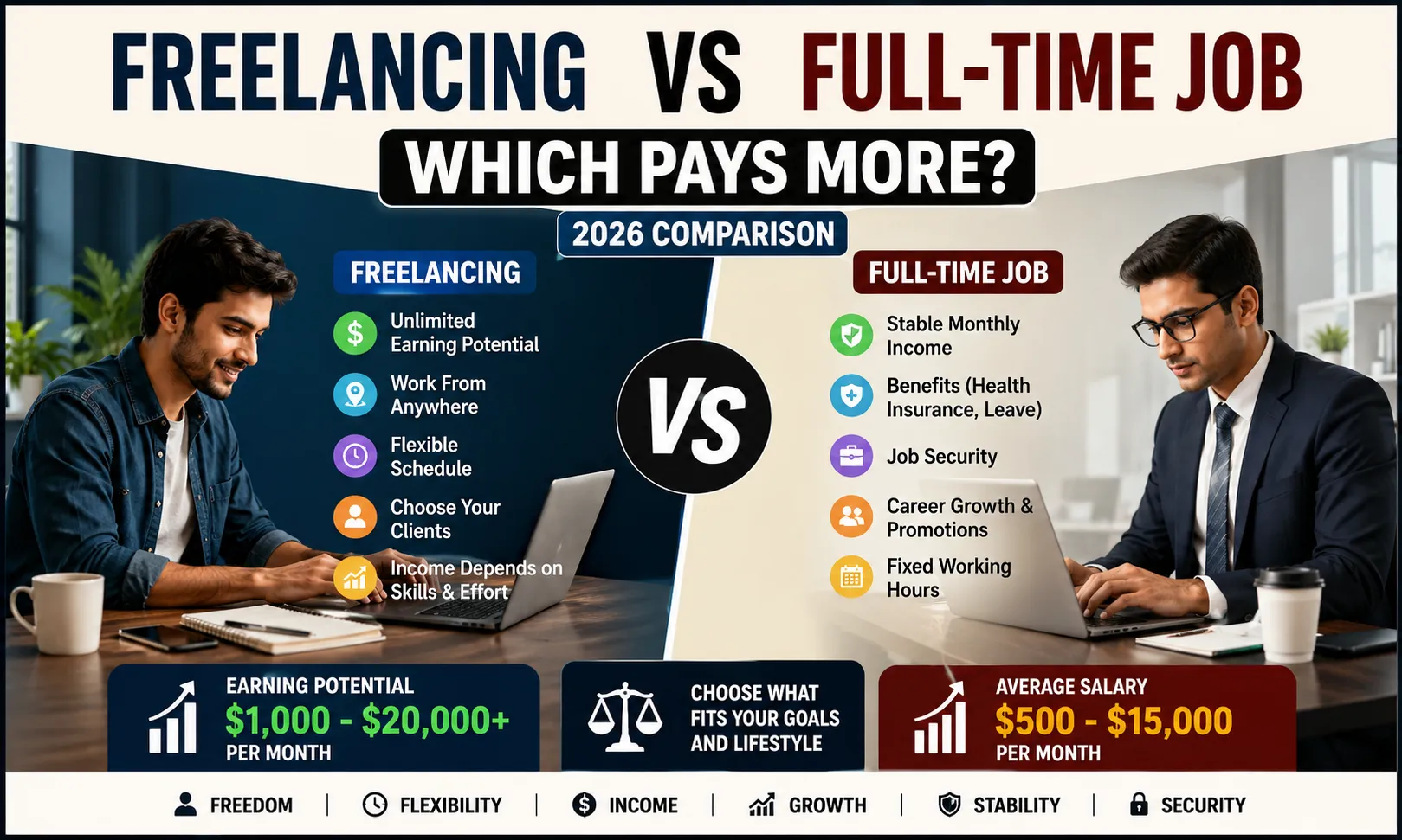 Freelancing vs Full-Time Job comparison showing income, flexibility, stability, and career growth in 2026