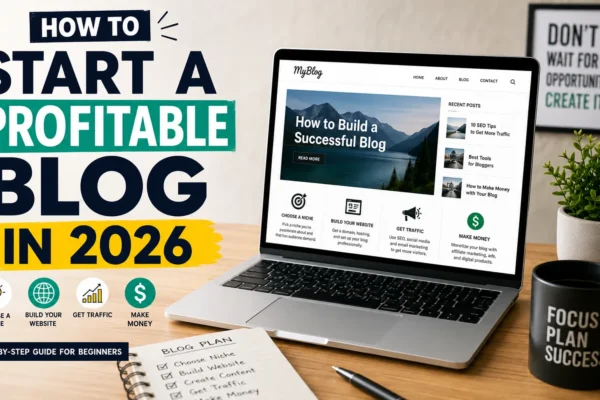 Step-by-step guide on how to start a profitable blog in 2026 with blogging tips, SEO, traffic, and monetization strategies