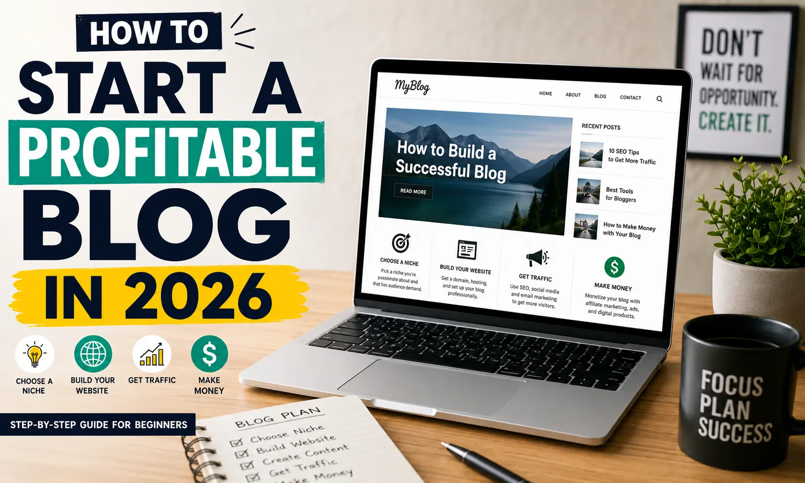 Step-by-step guide on how to start a profitable blog in 2026 with blogging tips, SEO, traffic, and monetization strategies