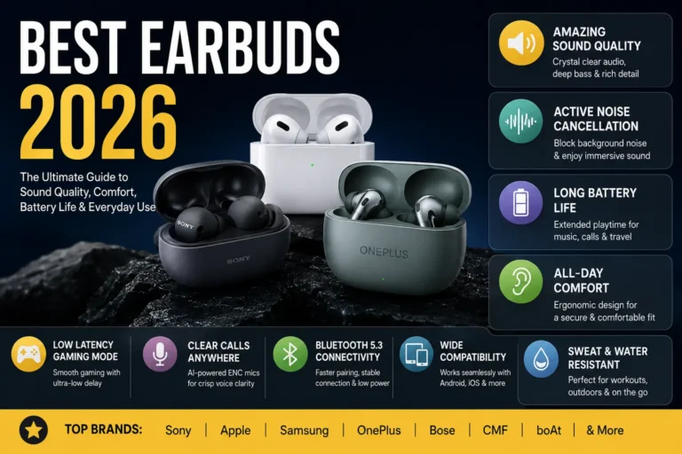 Best wireless earbuds in 2026 featuring Sony, Apple AirPods, OnePlus, and premium ANC earbuds for music, gaming, calls, and everyday use