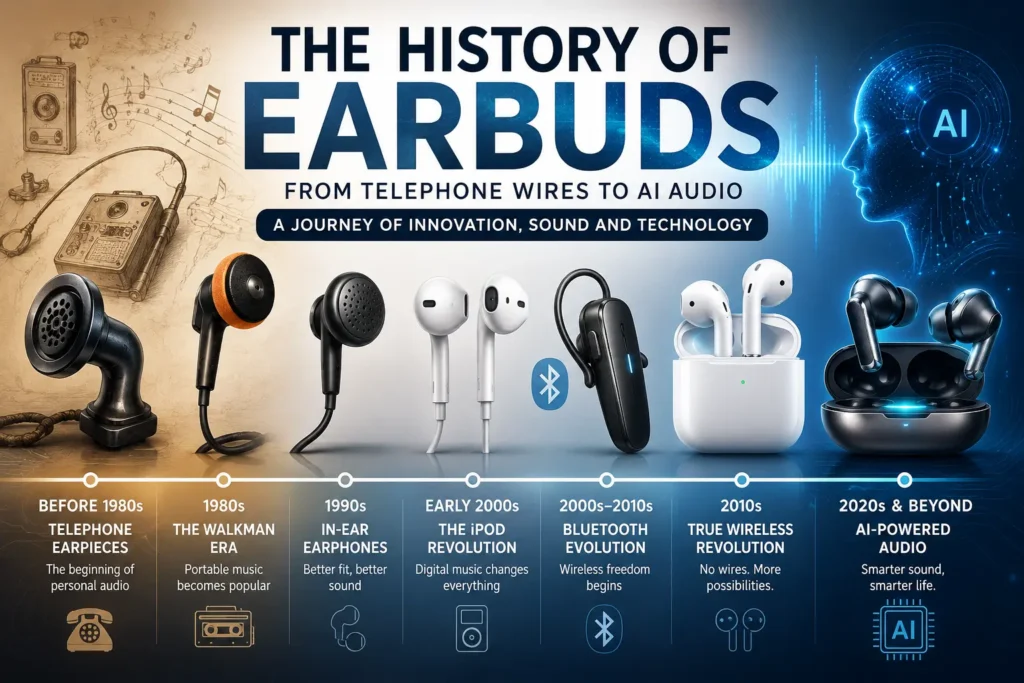 A timeline showing the evolution of earbuds from vintage telephone earpieces to modern AI-powered wireless earbuds.