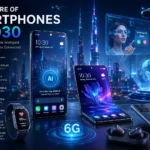 Futuristic smartphone concept showing AI technology, holographic display, and smart wearable integration in 2030