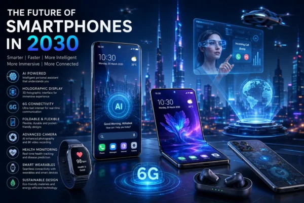 Futuristic smartphone concept showing AI technology, holographic display, and smart wearable integration in 2030
