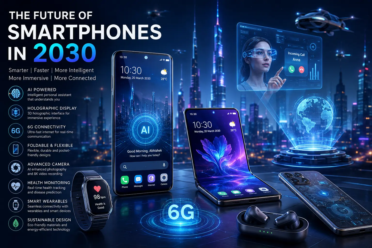 Futuristic smartphone concept showing AI technology, holographic display, and smart wearable integration in 2030