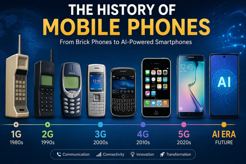 Featured Image Alt Text Timeline showing the evolution of mobile phones from 1G brick phones to modern AI-powered smartphones
