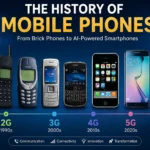 Featured Image Alt Text Timeline showing the evolution of mobile phones from 1G brick phones to modern AI-powered smartphones