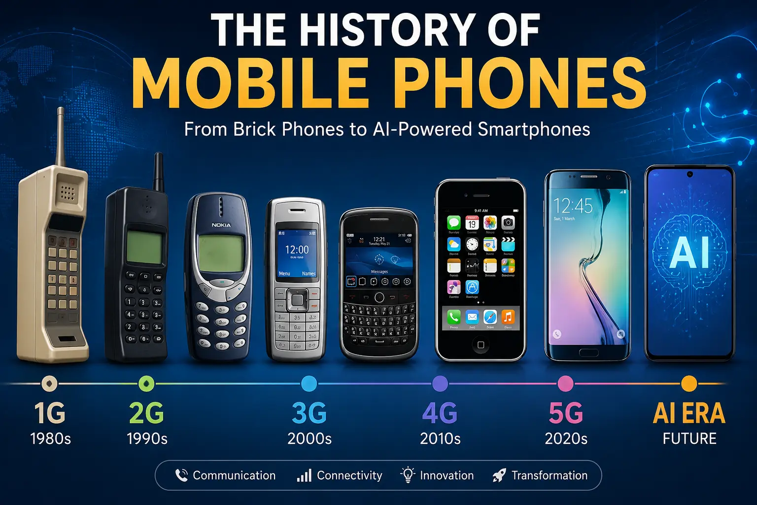 Featured Image Alt Text Timeline showing the evolution of mobile phones from 1G brick phones to modern AI-powered smartphones