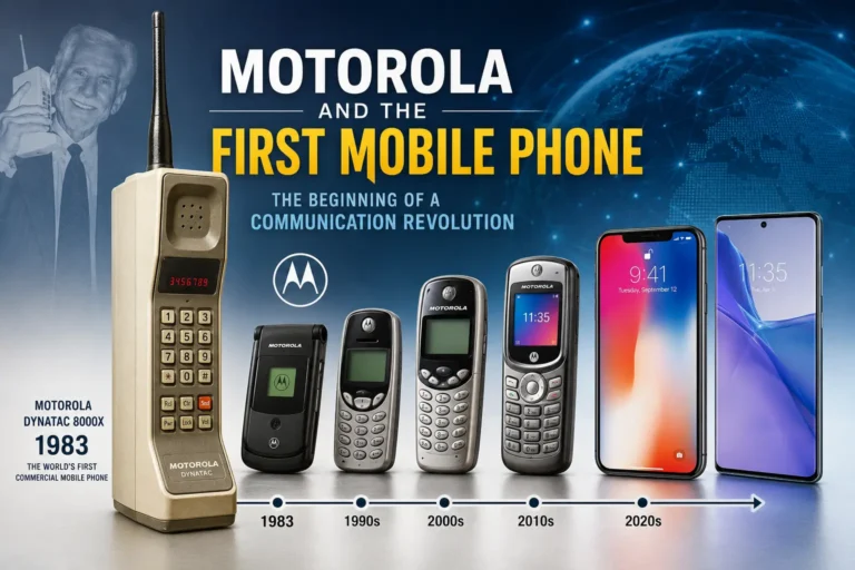 Motorola DynaTAC 8000X first mobile phone with smartphone evolution timeline and modern mobile devices