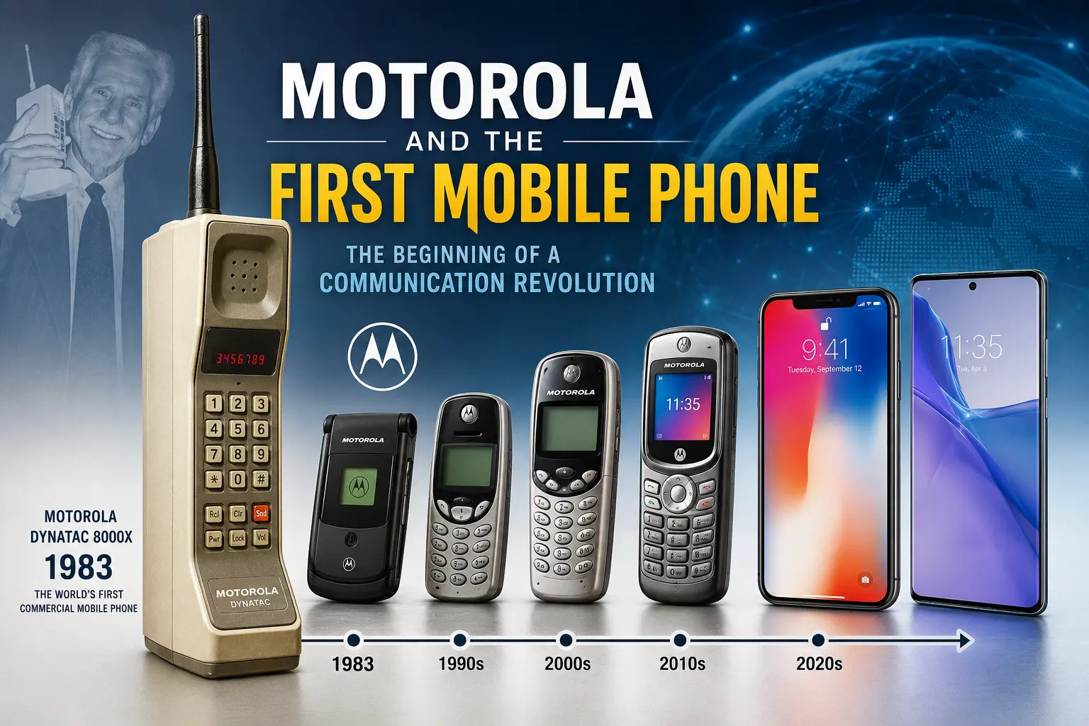 Motorola DynaTAC 8000X first mobile phone with smartphone evolution timeline and modern mobile devices