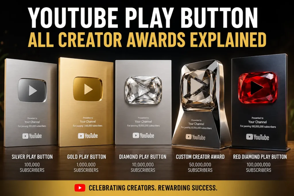 YouTube Play Button awards including Silver, Gold, Diamond, Custom and Red Diamond Creator Awards displayed together.