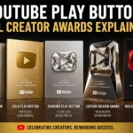 YouTube Play Button awards including Silver, Gold, Diamond, Custom and Red Diamond Creator Awards displayed together.