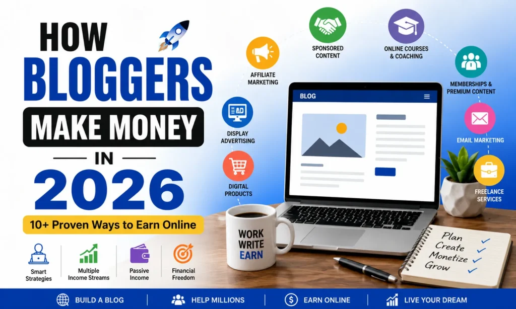 How bloggers make money in 2026 through affiliate marketing, ads, sponsored content, digital products, online courses, email marketing, and freelancing